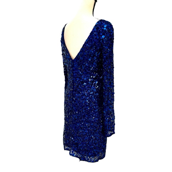 AIDAN MATTOX ROYAL BLUE BATEAU NECK LONG SLEEVE SEQUINED COCKTAIL DRESS - Picture 6 of 15